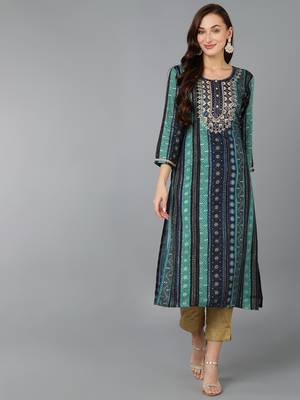 women navy blue viscose rayon bandhani embroidered straight kurta 1
