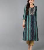 women navy blue viscose rayon bandhani embroidered straight kurta