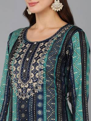women navy blue viscose rayon bandhani embroidered straight kurta 2