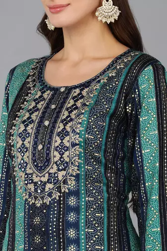 women navy blue viscose rayon bandhani embroidered straight kurta
