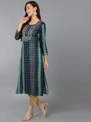 women navy blue viscose rayon bandhani embroidered straight kurta 3