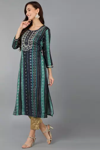 women navy blue viscose rayon bandhani embroidered straight kurta