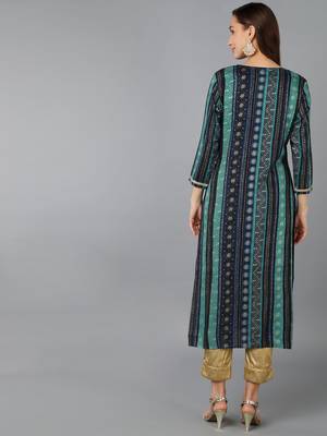 women navy blue viscose rayon bandhani embroidered straight kurta 4