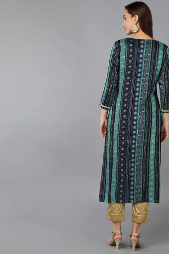 women navy blue viscose rayon bandhani embroidered straight kurta
