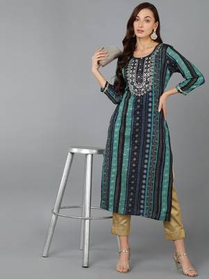 women navy blue viscose rayon bandhani embroidered straight kurta 5