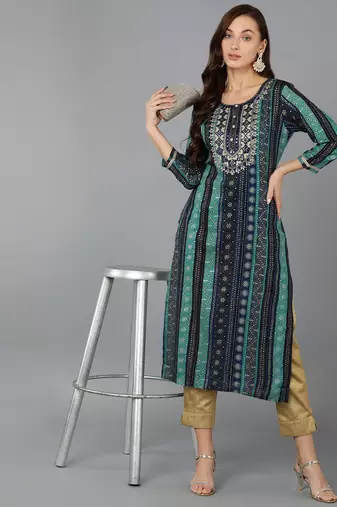 women navy blue viscose rayon bandhani embroidered straight kurta