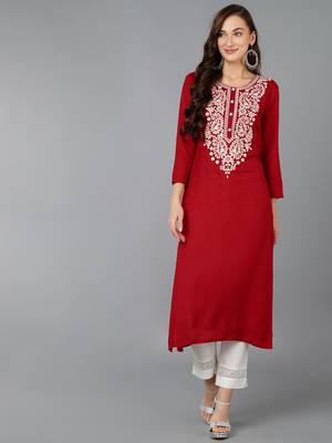 women red viscose rayon solid embroidered straight kurta 1