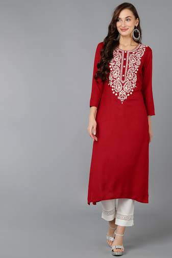 women red viscose rayon solid embroidered straight kurta
