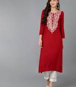 women red viscose rayon solid embroidered straight kurta