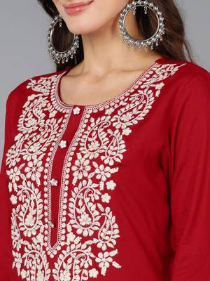 women red viscose rayon solid embroidered straight kurta 2