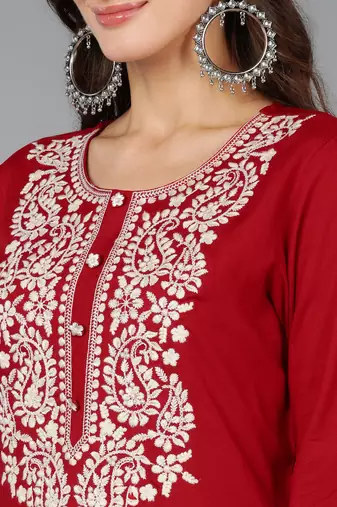 women red viscose rayon solid embroidered straight kurta