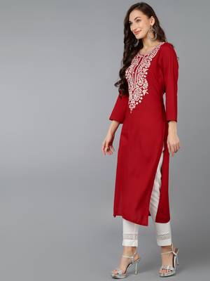 women red viscose rayon solid embroidered straight kurta 3