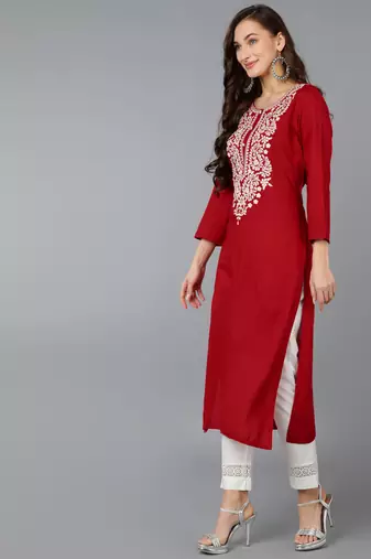 women red viscose rayon solid embroidered straight kurta
