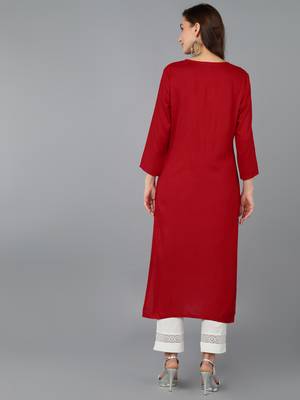 women red viscose rayon solid embroidered straight kurta 4