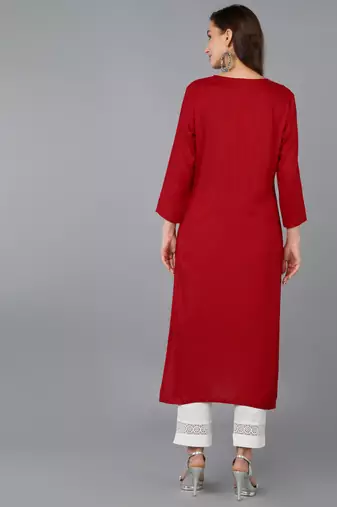 women red viscose rayon solid embroidered straight kurta