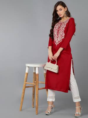 women red viscose rayon solid embroidered straight kurta 5