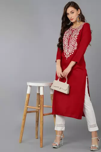women red viscose rayon solid embroidered straight kurta