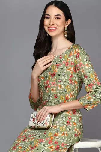women green viscose rayon floral printed straight kurta