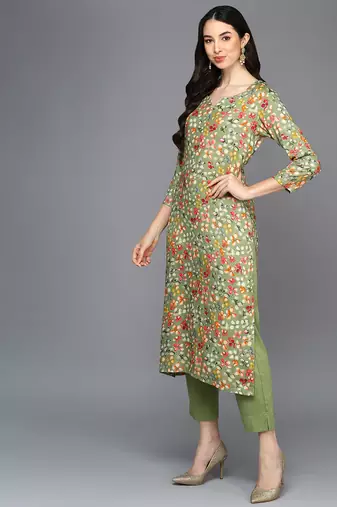 women green viscose rayon floral printed straight kurta