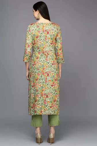 women green viscose rayon floral printed straight kurta