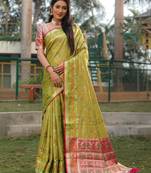 Koram Light Green Organza Silk Ikkat Weav Patola Saree With Blouse For Women 