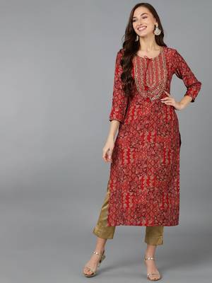 women red silk blend ethnic motifs embroidered straight kurta 1