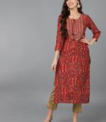 women red silk blend ethnic motifs embroidered straight kurta