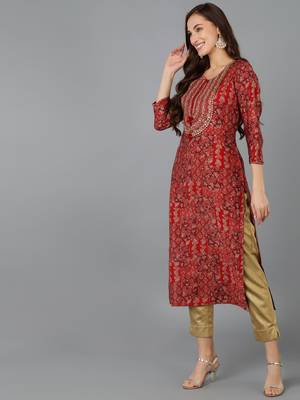 women red silk blend ethnic motifs embroidered straight kurta 3