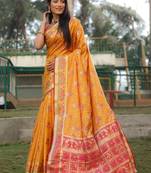 Koram Yellow Organza Silk Ikkat Weav Patola Saree With Blouse For Women 