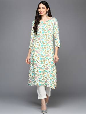 women white viscose rayon floral printed straight kurta 1