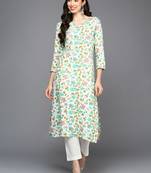 women white viscose rayon floral printed straight kurta