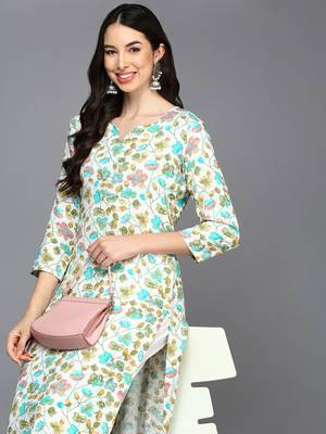 women white viscose rayon floral printed straight kurta 2