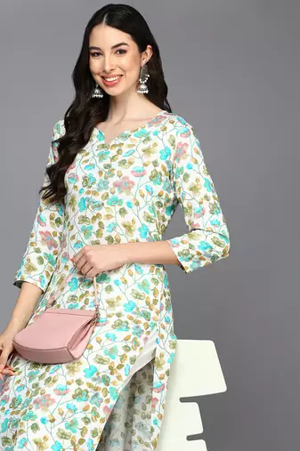 women white viscose rayon floral printed straight kurta