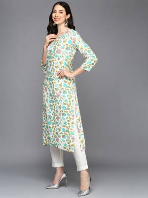women white viscose rayon floral printed straight kurta 3