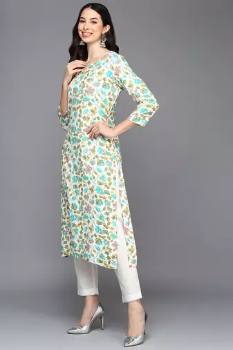 women white viscose rayon floral printed straight kurta