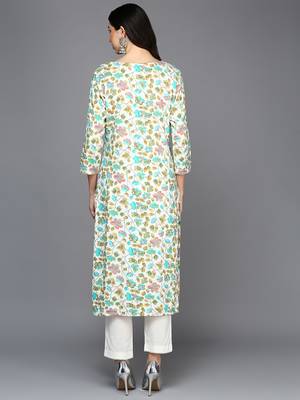 women white viscose rayon floral printed straight kurta 4