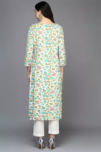 women white viscose rayon floral printed straight kurta