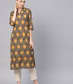 women brown cotton ethnic motifs printed straight kurta