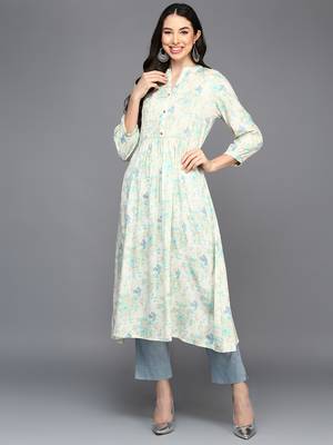 women off white cotton blend floral printed a-line kurta 1