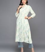 women off white cotton blend floral printed a-line kurta
