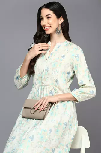 women off white cotton blend floral printed a-line kurta