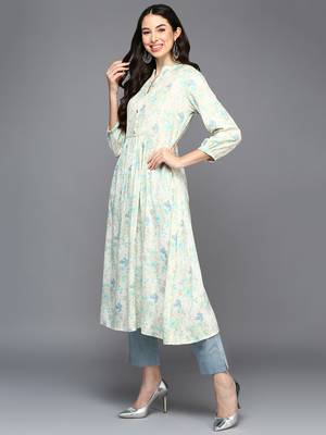 women off white cotton blend floral printed a-line kurta 3