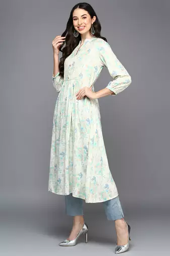 women off white cotton blend floral printed a-line kurta