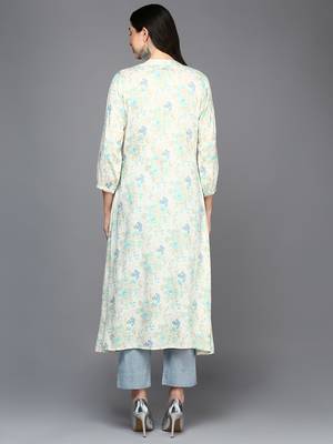 women off white cotton blend floral printed a-line kurta 4