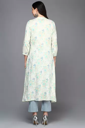 women off white cotton blend floral printed a-line kurta