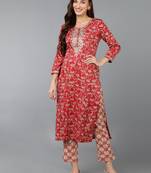 women red silk blend floral embroidered straight kurta