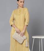 women mustard cotton striped printed straight kurta