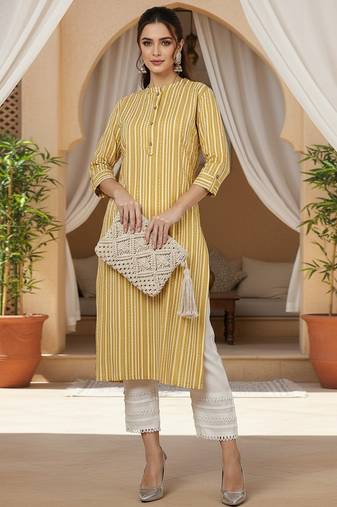 women mustard cotton striped printed straight kurta