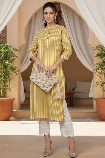 women mustard cotton striped printed straight kurta