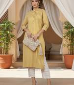 women mustard cotton striped printed straight kurta